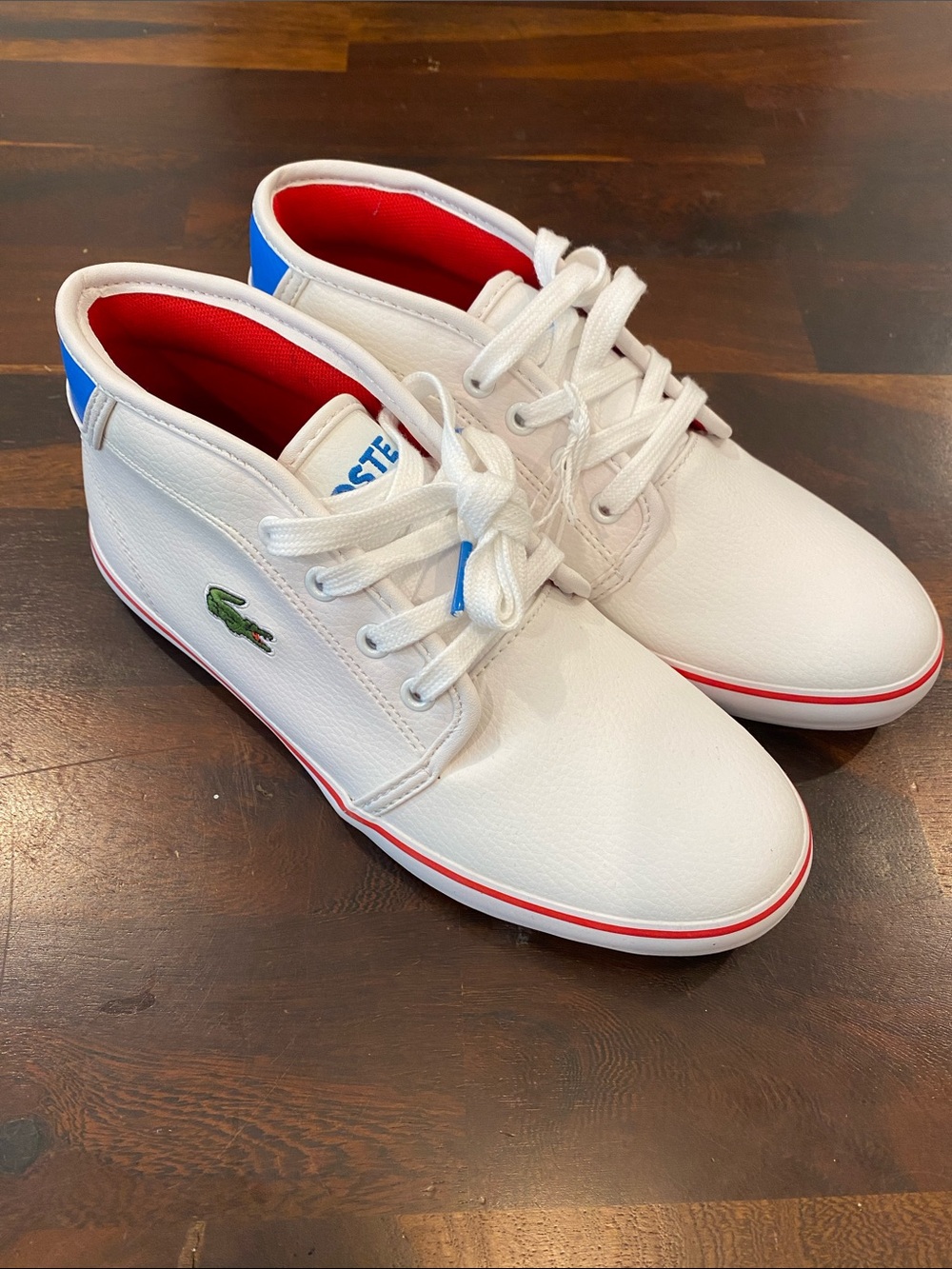 Lacoste Kids White High-Top Sneakers with Red & Blue Accents